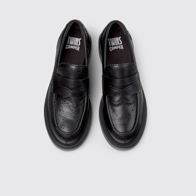 Overhead view of Twins Black Leather Moccasins for Women.