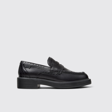 Side view of Twins Black Leather Moccasins for Women.