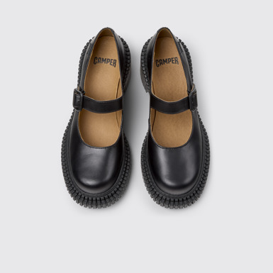 Overhead view of Pix London Black Leather Moccasins for Women.