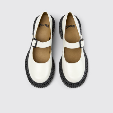 Overhead view of Pix London White Leather Moccasins for Women.