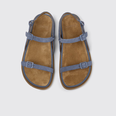 Overhead view of Lluc Sandal Blue Suede Leather Sandals for Women.