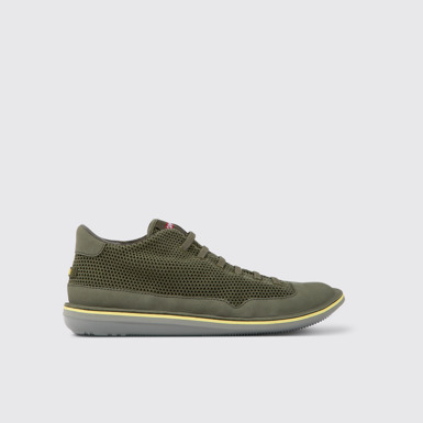 Side view of Beetle Green textile and nubuck shoes for men