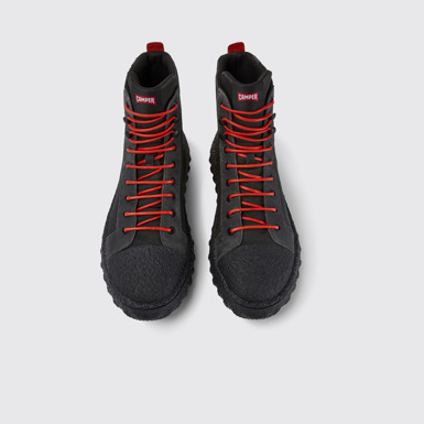Overhead view of Ground Grey recycled textile and leather ankle boots