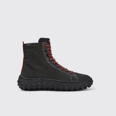 Side view of Ground Grey recycled textile and leather ankle boots