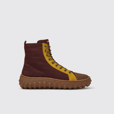Side view of Ground Burgundy and yellow ankle boots