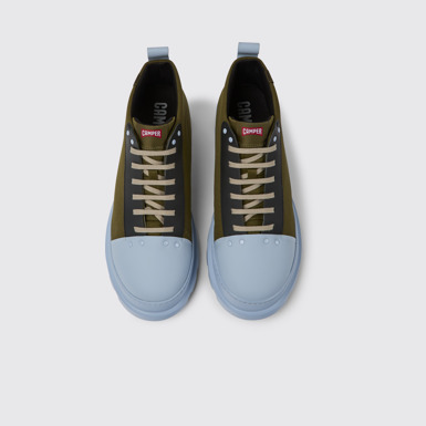 Overhead view of Brutus Green, blue, and black shoes for men