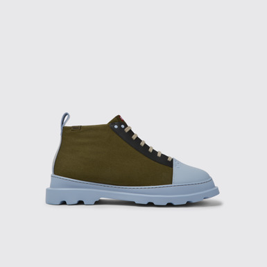 Side view of Brutus Green, blue, and black shoes for men