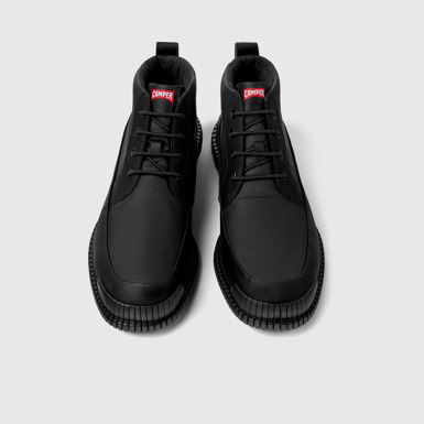 Overhead view of Pix Black recycled leather lace-up boots for men