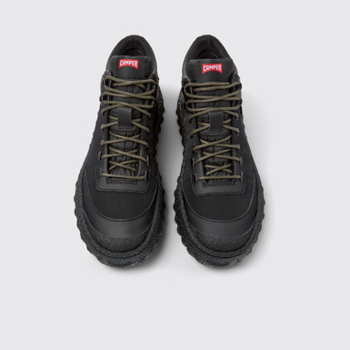 Overhead view of Ground Black textile and leather shoes for men