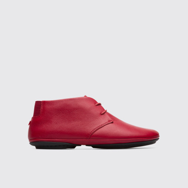 Side view of Right Red lace up ankle boot for women