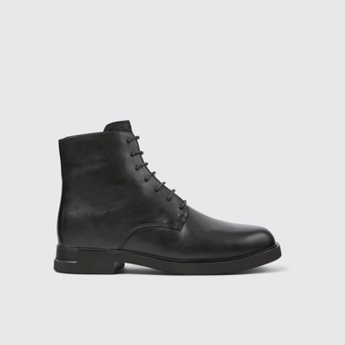 Side view of Iman Black leather lace-up boots for women