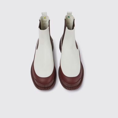 Overhead view of Pix White leather boots
