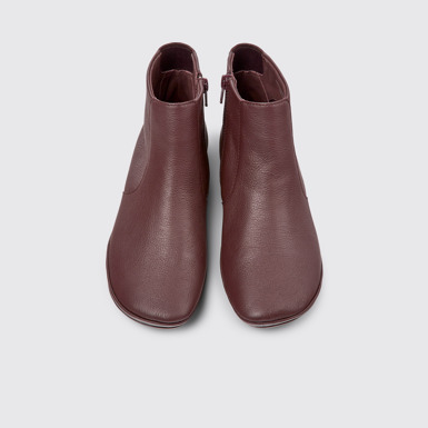 Overhead view of Right Burgundy leather ankle boots for women