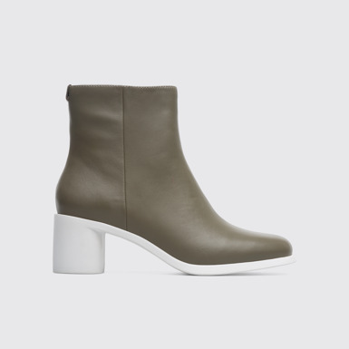 Side view of Meda Grey green zip up ankle boot for women