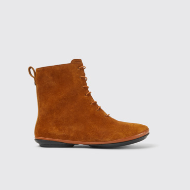 Side view of Right Brown suede ankle boots