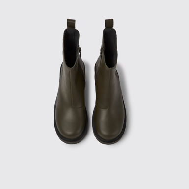 Overhead view of Milah Green leather zip boots for women