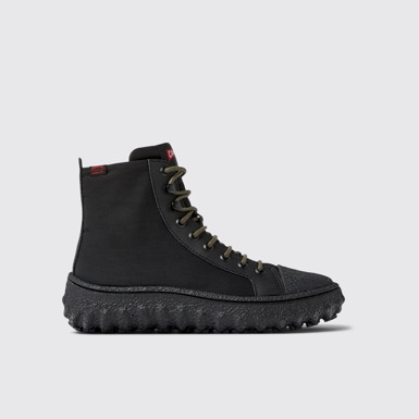 Side view of Ground PrimaLoft® Black textile and leather ankle boots for women