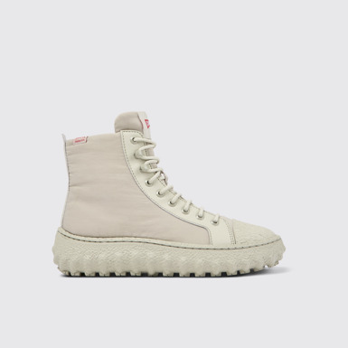 Side view of Ground PrimaLoft® Light gray textile and leather ankle boots for women
