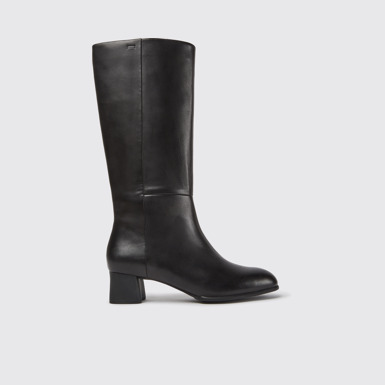 Side view of Katie Black leather boots with heels