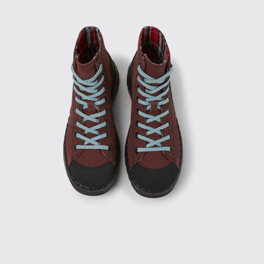 Overhead view of Teix Burgundy rubber and BCI cotton boots