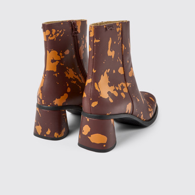 Back view of Kiara Burgundy and orange printed leather ankle boots