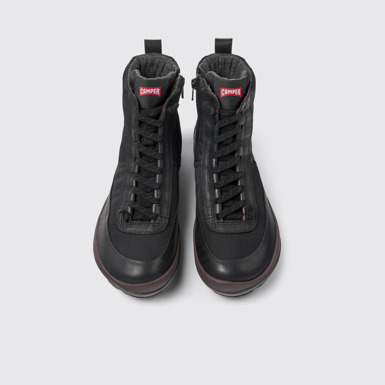 Overhead view of Peu Pista PrimaLoft® Black recycled nylon and leather boots for women