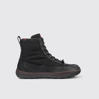 Side view of Peu Pista PrimaLoft® Black recycled nylon and leather boots for women