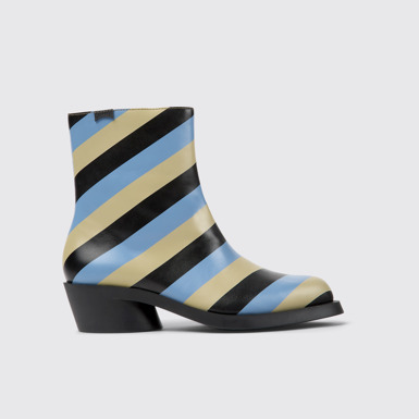 Side view of Bonnie Multicolored striped leather boots for women