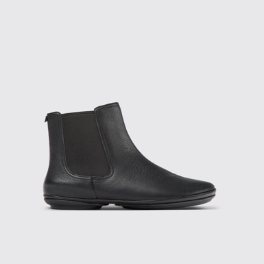Side view of Right Black leather ankle boots