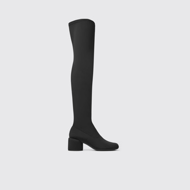 Side view of Niki Black recycled PET knee high boots for women