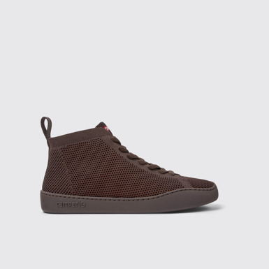 Side view of Peu Touring Burgundy one-piece knit sneakers for women
