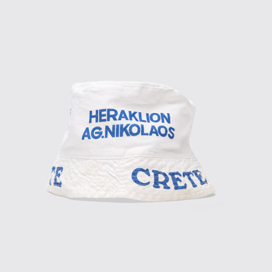 Side view of Crete bucket hat White and blue cotton hat