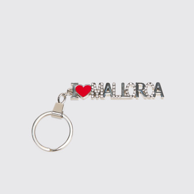 Side view of I Love Mallorca Keychain Metal keychain with decorative crystals