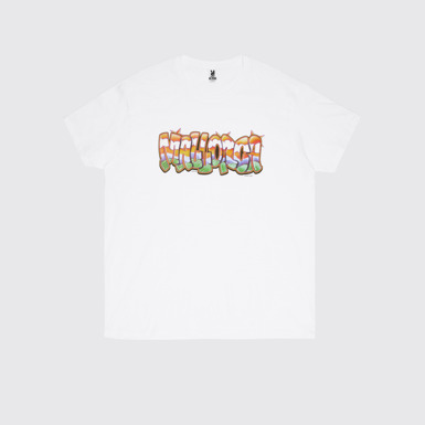 Side view of Graffiti Tee Retro souvenir t-shirt with graffiti-style Mallorca lettering