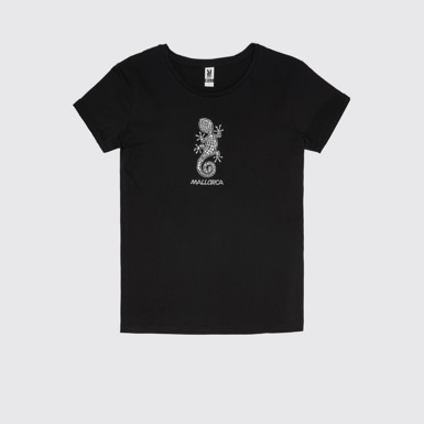 Side view of Black Lizard Tee Mallorca souvenir t-shirt featuring a lizard