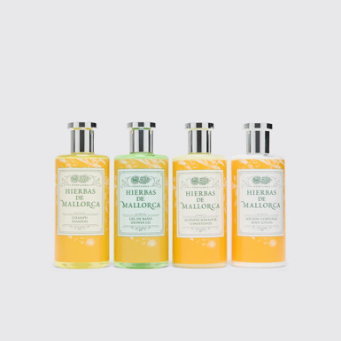 Side view of Hierbas de Mallorca Bath Set Bath set with bath gel, body lotion, shampoo, and conditioner made with local ingredients