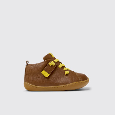 Side view of Peu Brown Leather Ankle Boots for Kids.