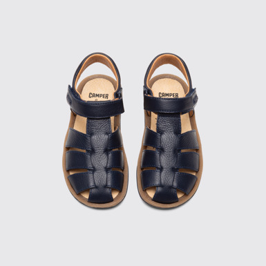 Overhead view of Bicho Closed navy T-strap sandal for kids