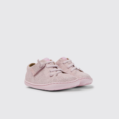 Front view of Peu Pink nubuck shoes with glitter effect for girls