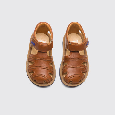 Overhead view of Bicho Closed brown T-strap sandal for kids