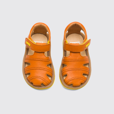 Overhead view of Bicho Closed dark orange T-strap sandal for kids