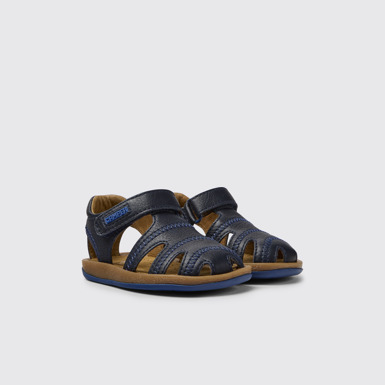 Front view of Bicho Blue leather sandals for kids