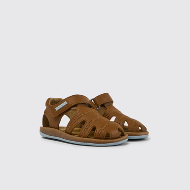 Front view of Bicho Brown leather sandals for kids