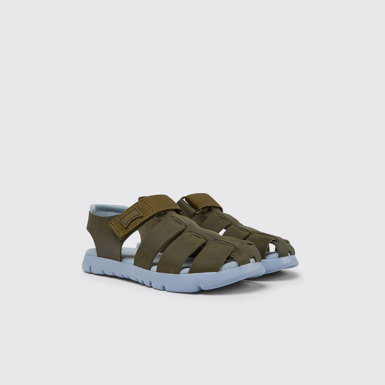 Front view of Oruga Green leather sandals for kids