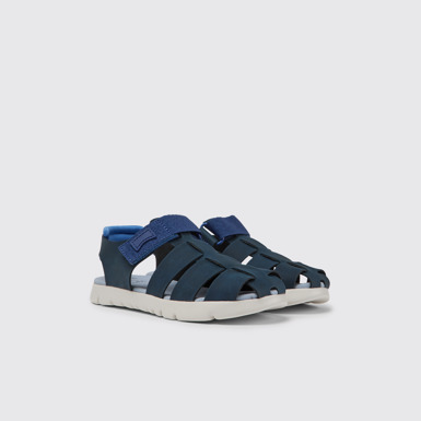 Front view of Oruga Blue leather sandals for kids