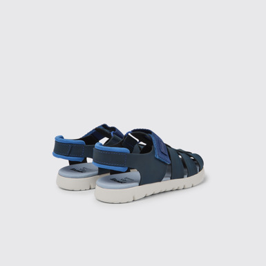 Back view of Oruga Blue leather sandals for kids