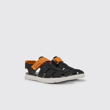 Front view of Oruga Black and orange leather sandals for kids