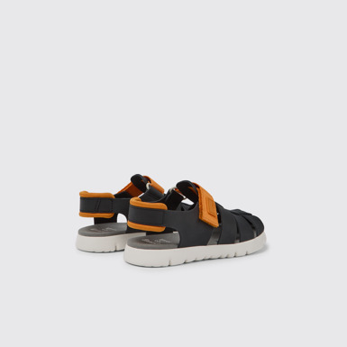 Back view of Oruga Black and orange leather sandals for kids