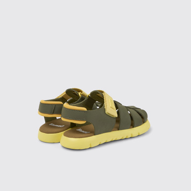 Back view of Oruga Green and yellow leather sandals for kids