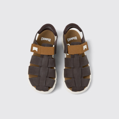 Overhead view of Oruga Brown Leather and Textile Closed Sandals for kids.